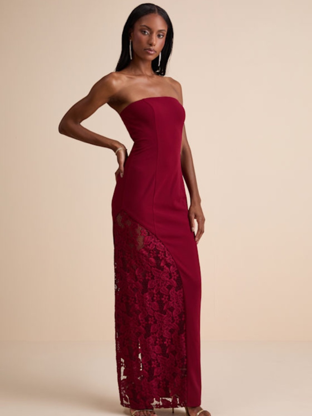 Lulus Irresistible Attitude Red Strapless Lace Column Maxi Dress - Size XS